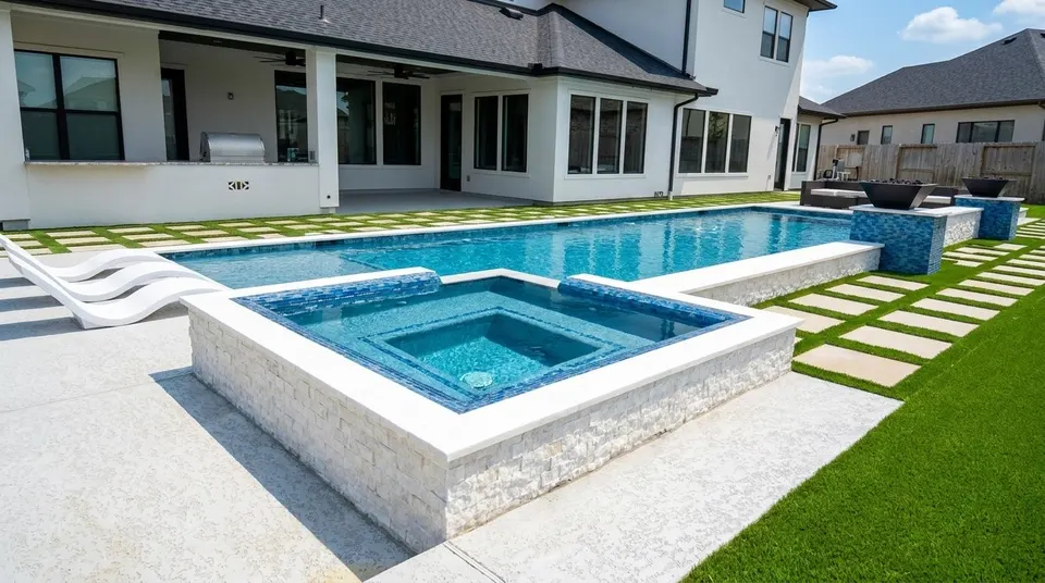 Geometric pool with raised white stacked-stone spa, tanning ledge and fire bowls on a paver-and-turf deck
